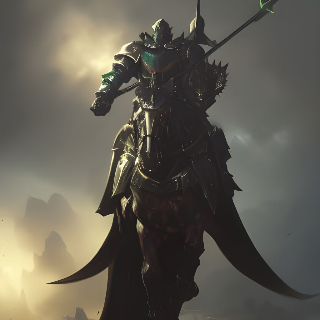 Black Armored Knight with Green Crystal, Dark Fantasy Art