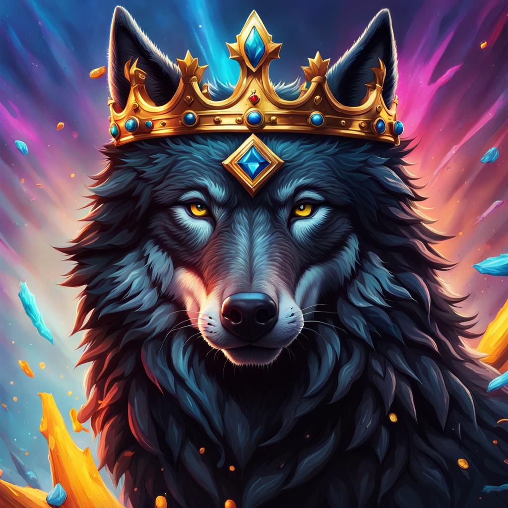 Black Wolf King with Crown, Hyperrealistic Splash Art