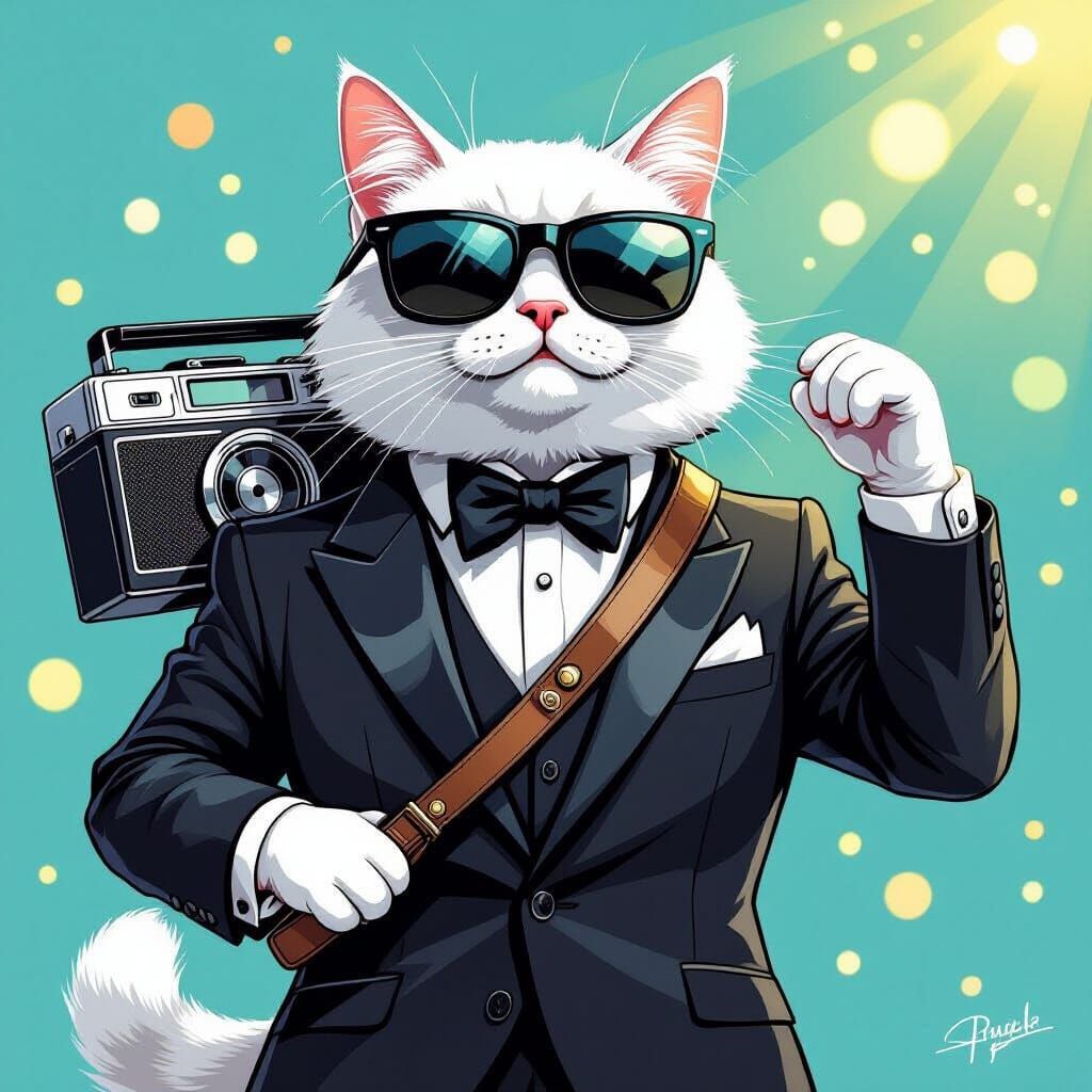 Cool Cat in Suit Dancing with Sunglasses and Tape Recorder