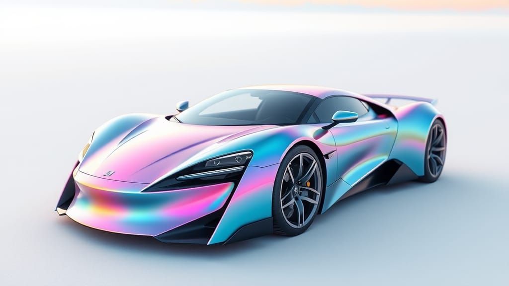 Iridescent Supercar in White Landscape, Futuristic Art