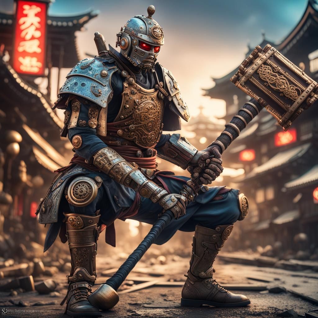 Cyborg Samurai with Sledgehammer in Steampunk Japan