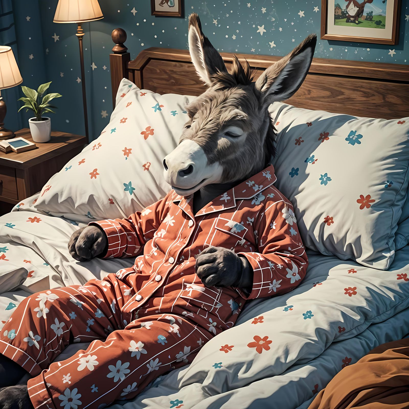 Anthropomorphic donkey in cute pajamas sleeping in bed