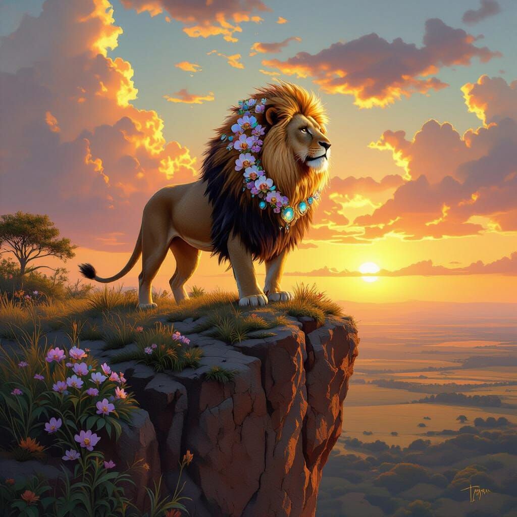 Lion with Orchid Mane and Savannah Sunset