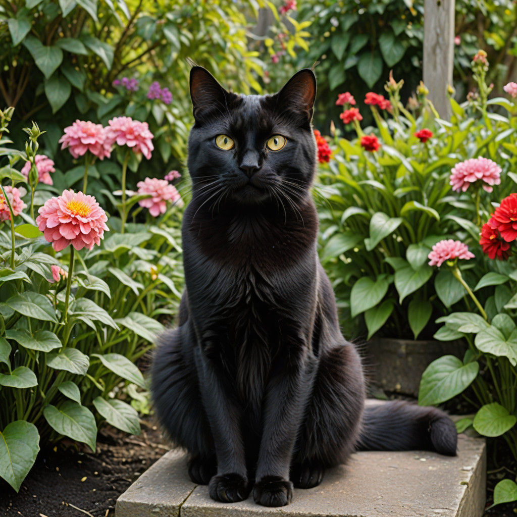 A Handsome Black Cat Strolls Through a Vibrant Garden