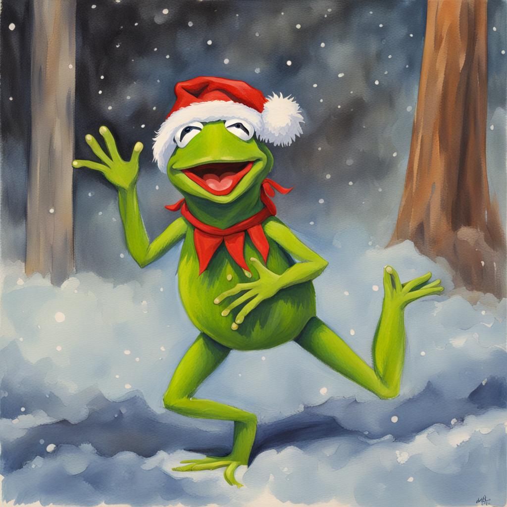 Kermit the Frog Waving in Santa Hat