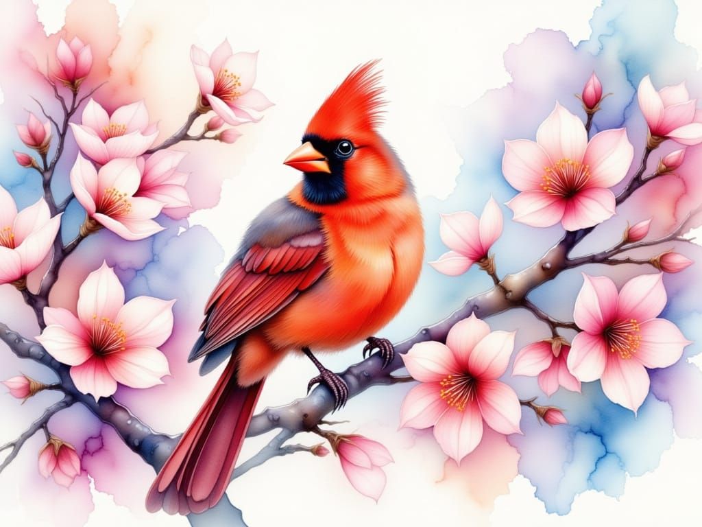 Watercolor Cardinal Portrait on Cherry Blossom Branch