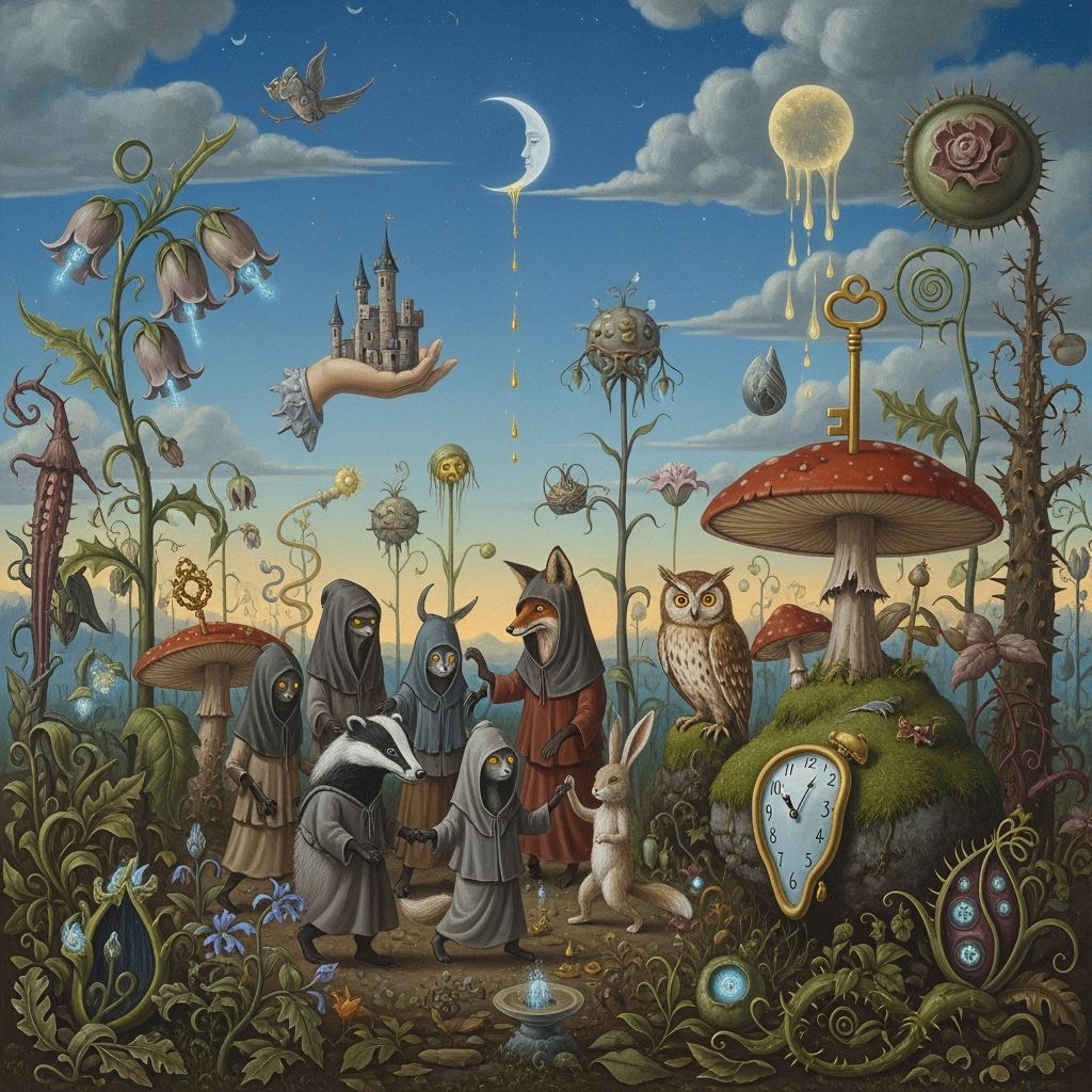 Mystical Forest Dance of Hooded Animals in Surreal Landscape