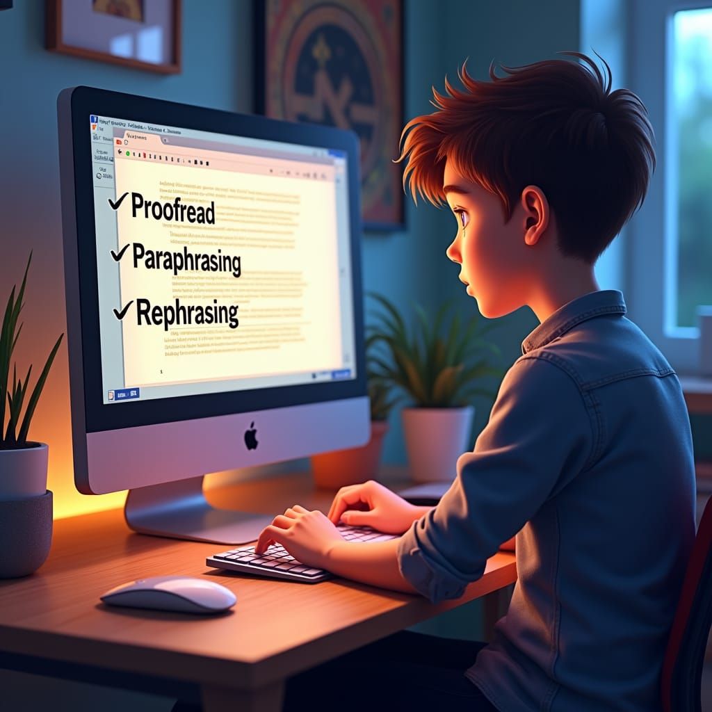 Boy Works at Computer with Futuristic Typing Overlays