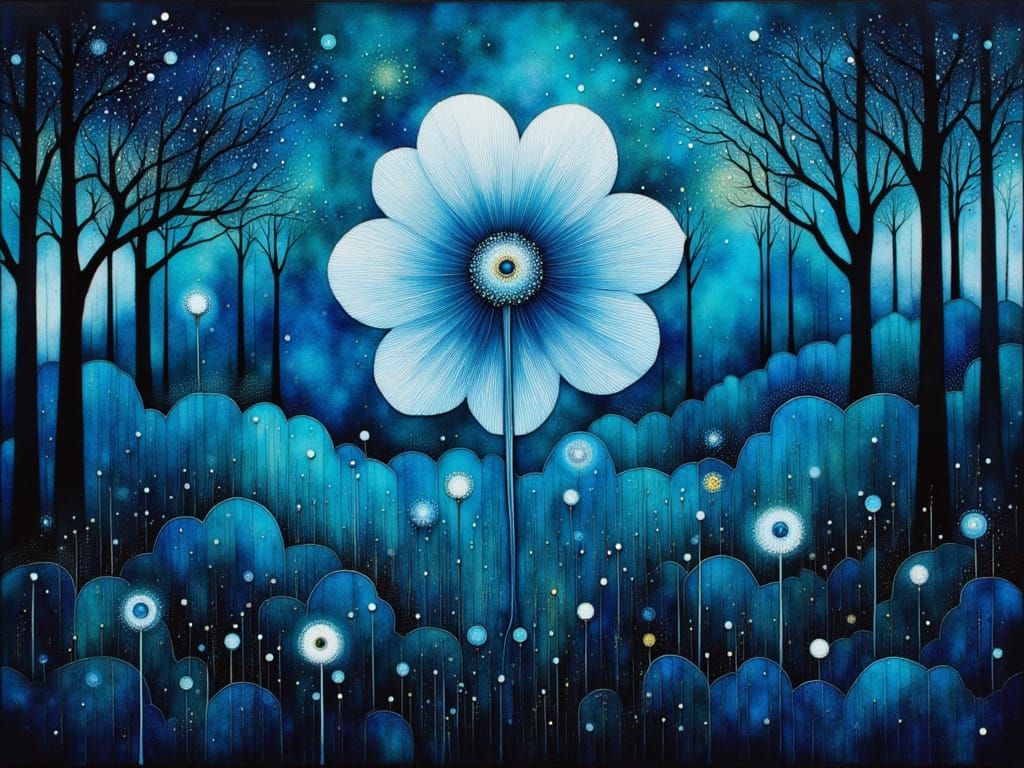 Glowing Blue Flower in Dark Forest as Watercolor Art