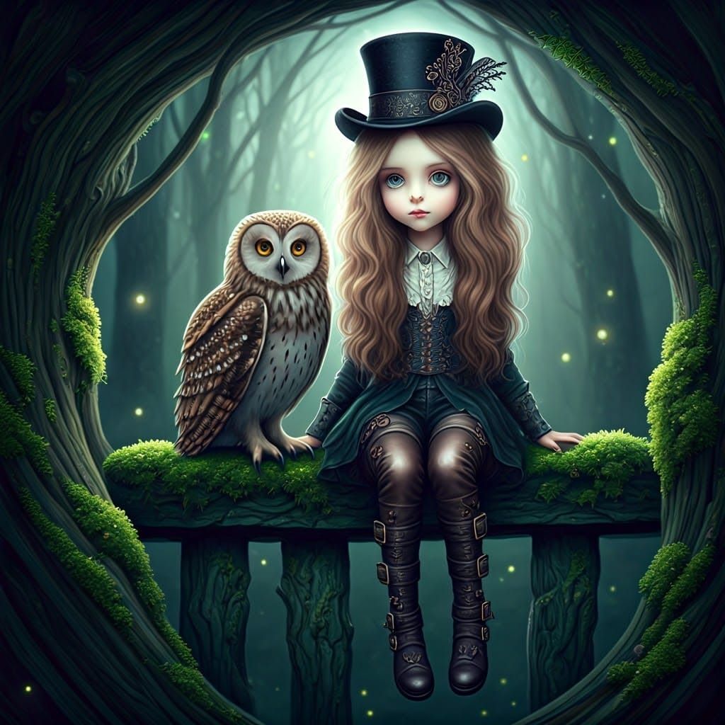 Whimsical Gothic Scene with Girl and Owl in Steampunk Style