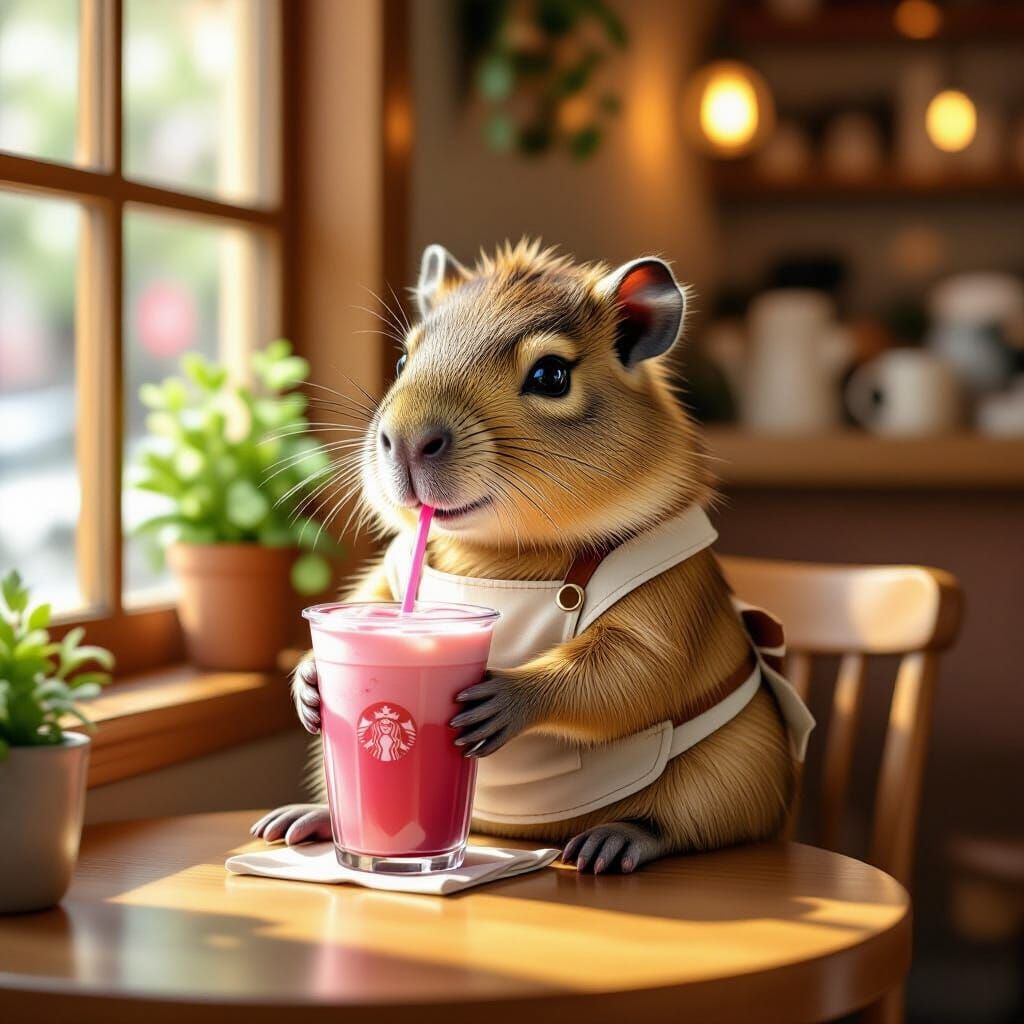 Baby Capybara Enjoys Pink Drink at Starbucks