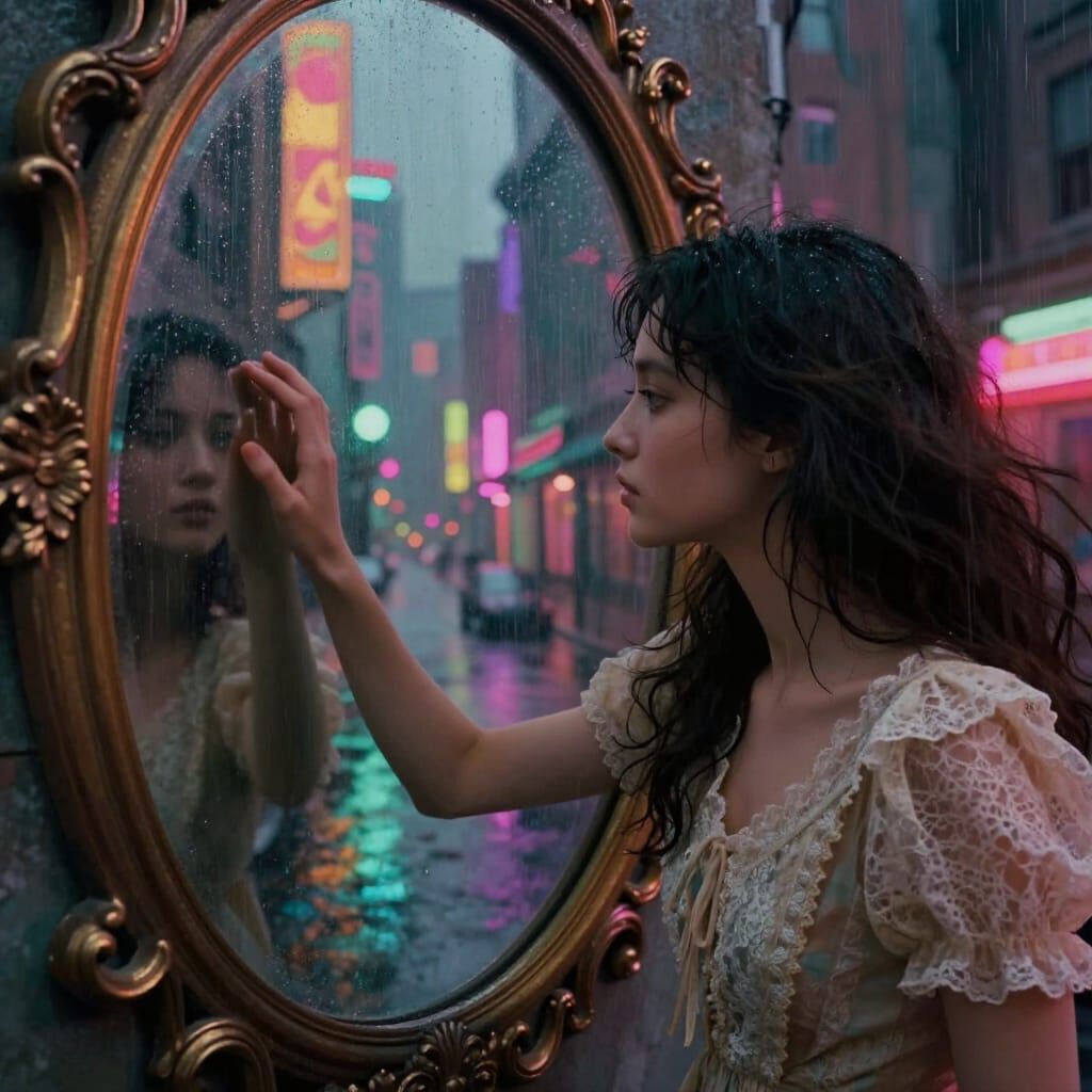 Surreal Woman Reaches Through Mirror to Neon City