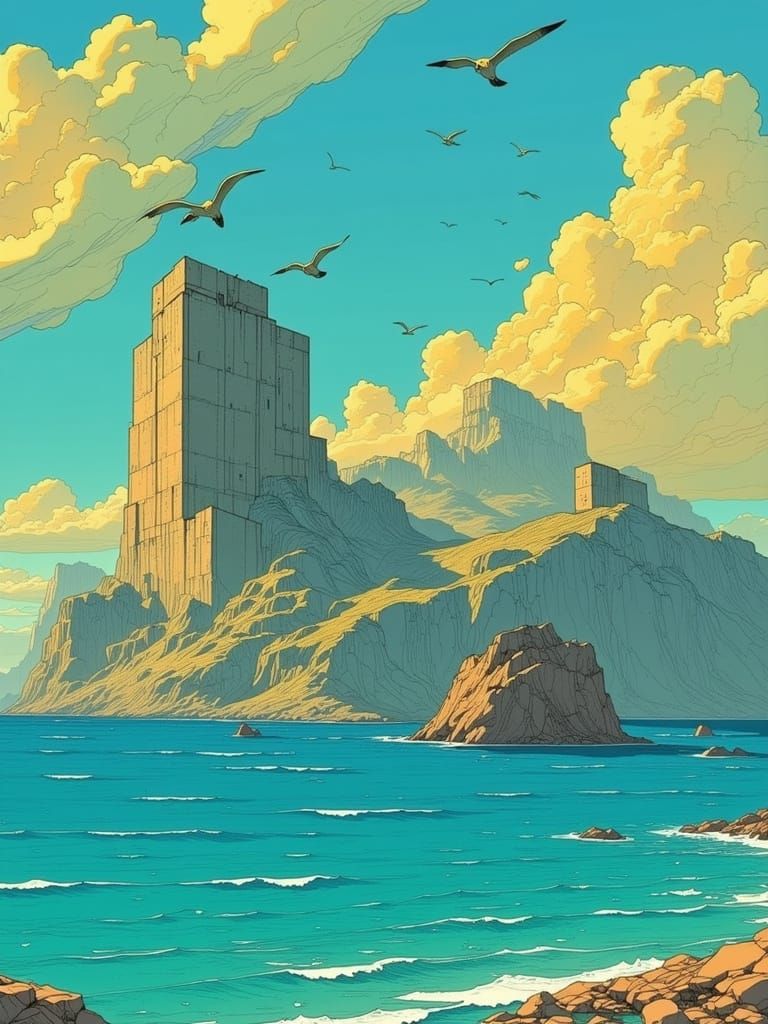 Stark Geometric Fortress Rises Above Serene Sea at Dawn