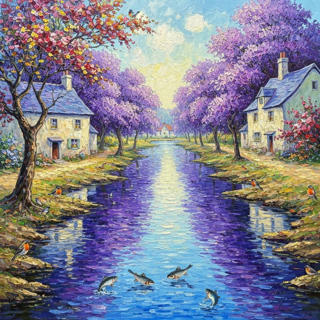Vibrant River Village Oil Painting with Flowers and Birds