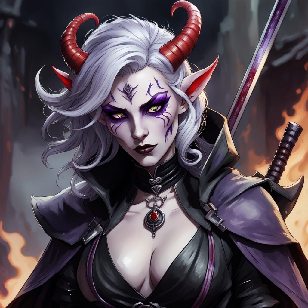 Tiefling with Katana and Flowing Black Smoke