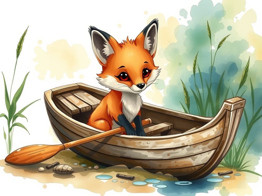 Cute Baby Fox in Abandoned Rowing Boat, Whimsical Cartoon Ar...