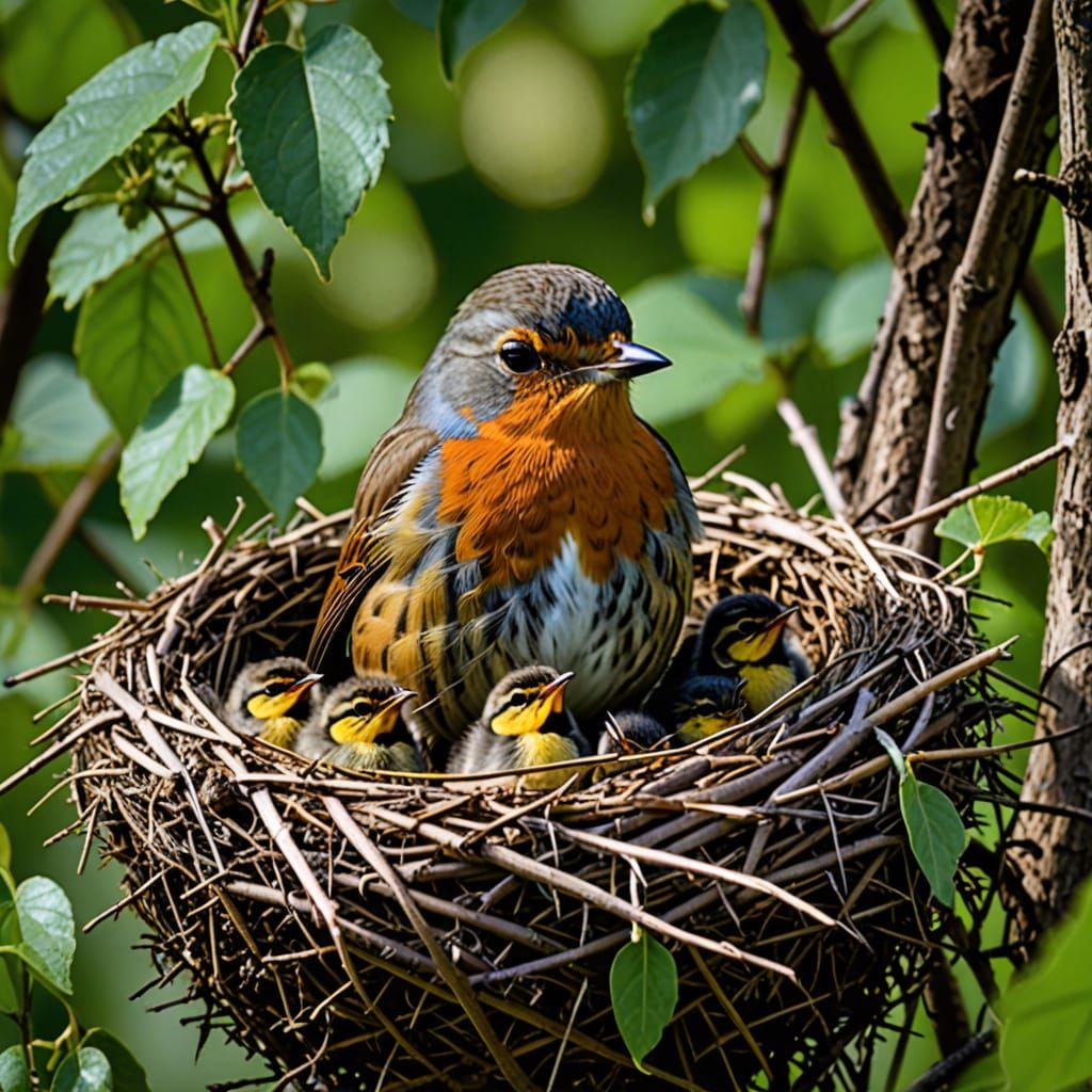 Proud Robin Nurturing Chicks in Nest
