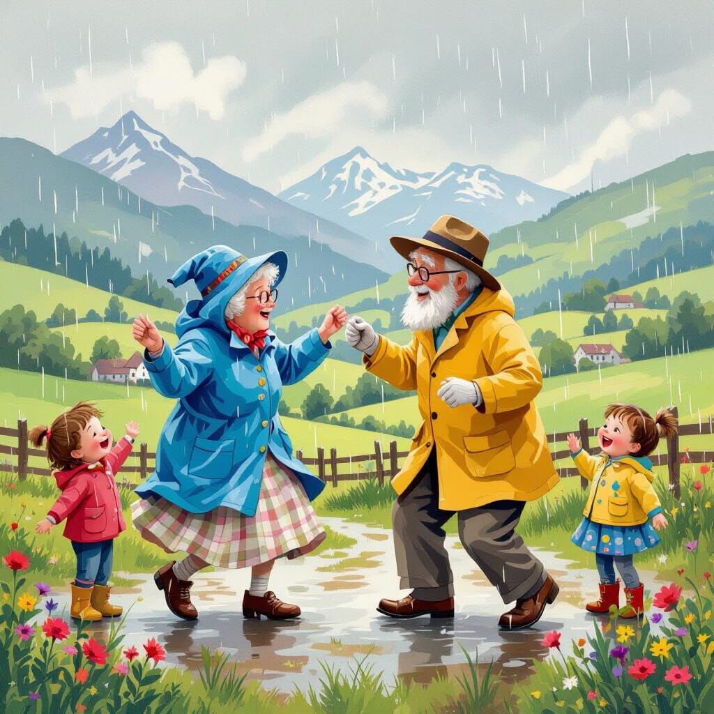 Grandparents Dancing in Rainy Countryside, Storybook Illustr...