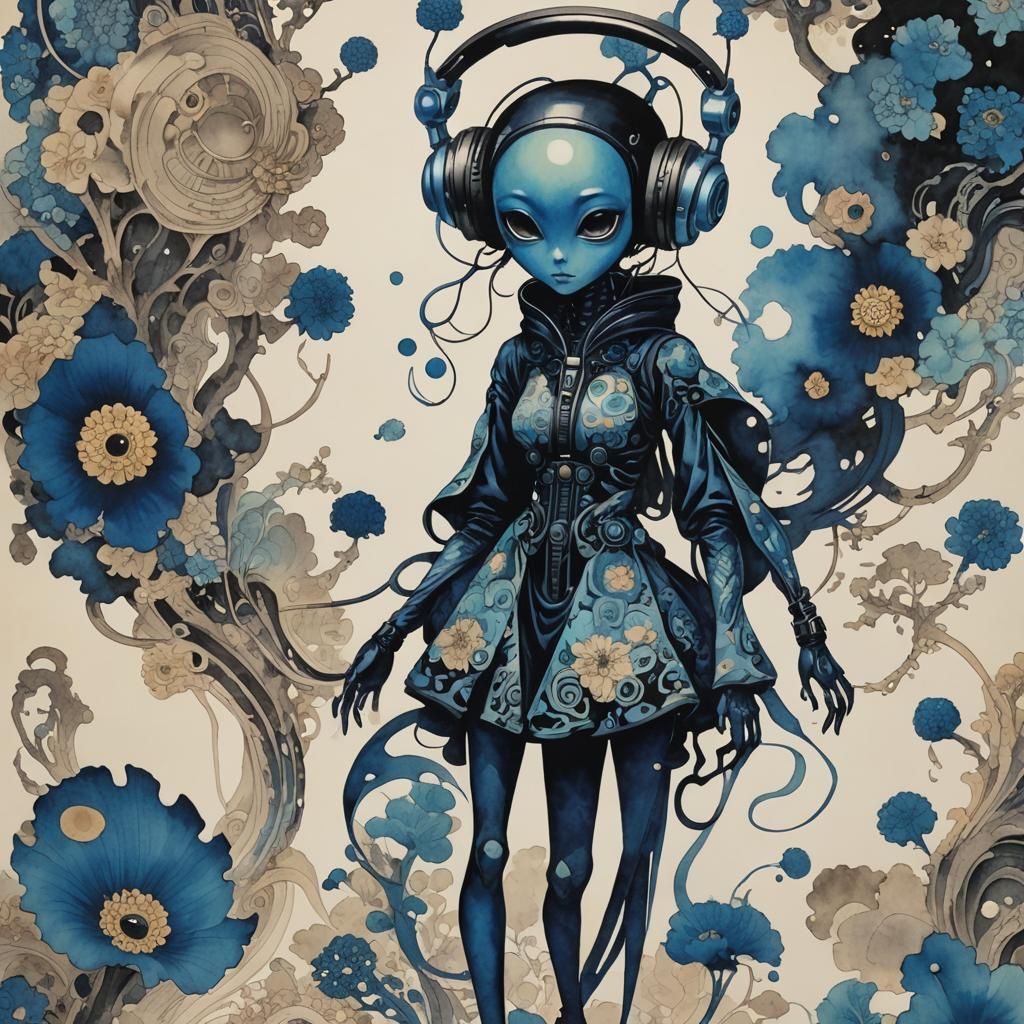 Alien Girl Silhouette in Ukiyo-e Watercolor Style