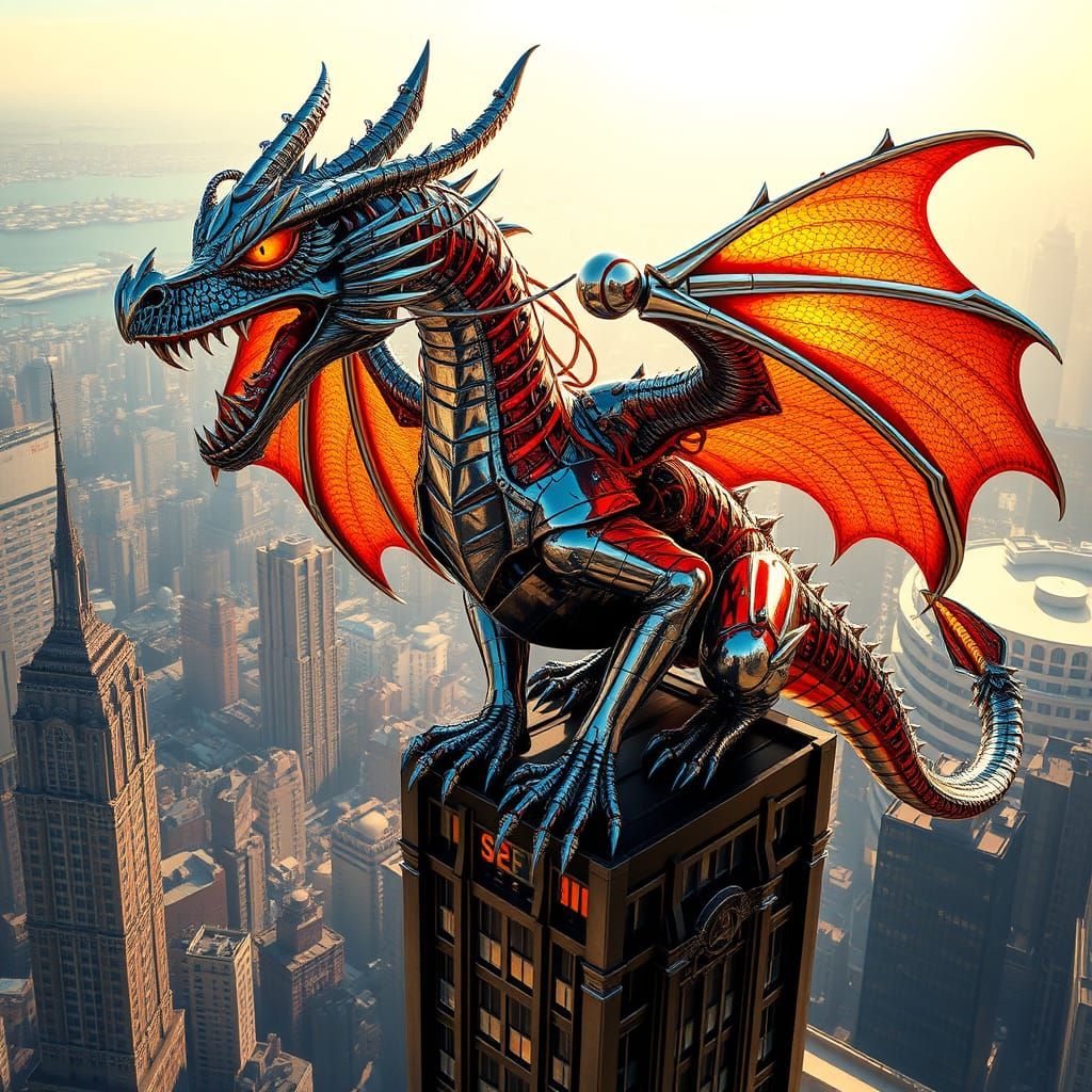 Chrome Dragon Perched Atop Skyscraper in Hyperrealism