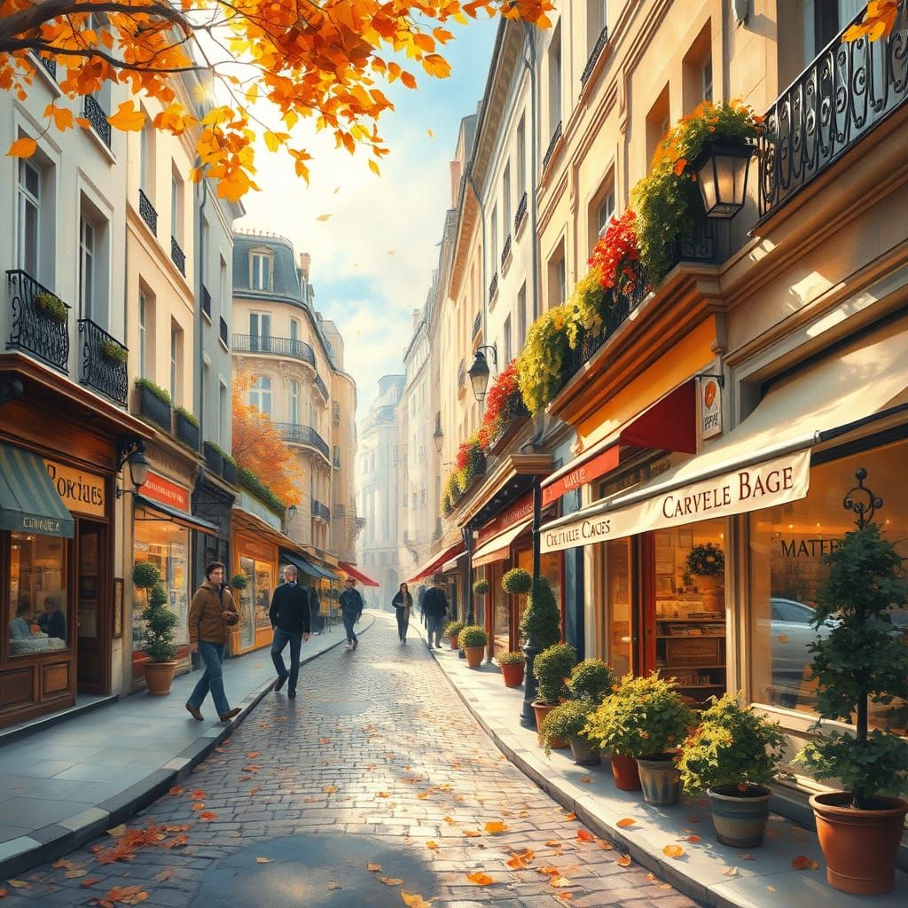 Parisian Autumn Street Scene in Watercolor Style