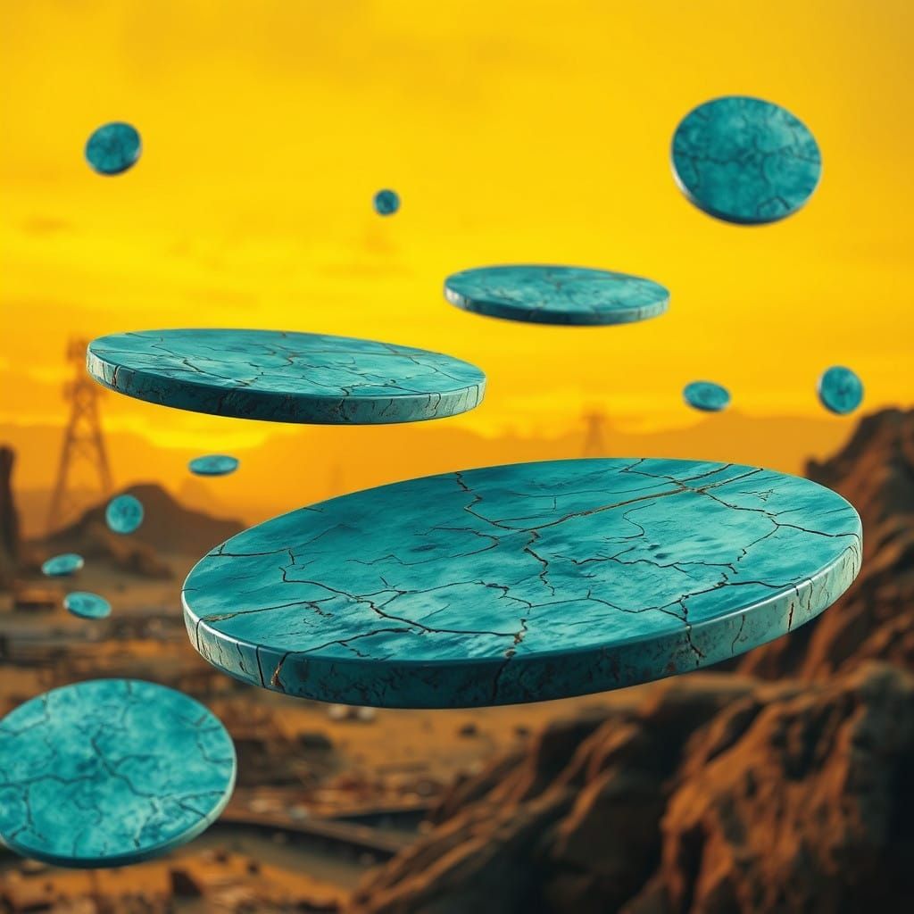 Ethereal Turquoise Discs in a Dystopian Landscape