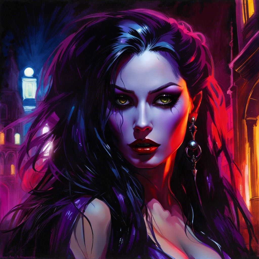 Gothic Vampire Pin-Up in Neon Stockholm Street