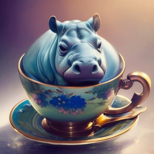 Adorable Hippo in Teacup: Hyperdetailed Digital Portrait