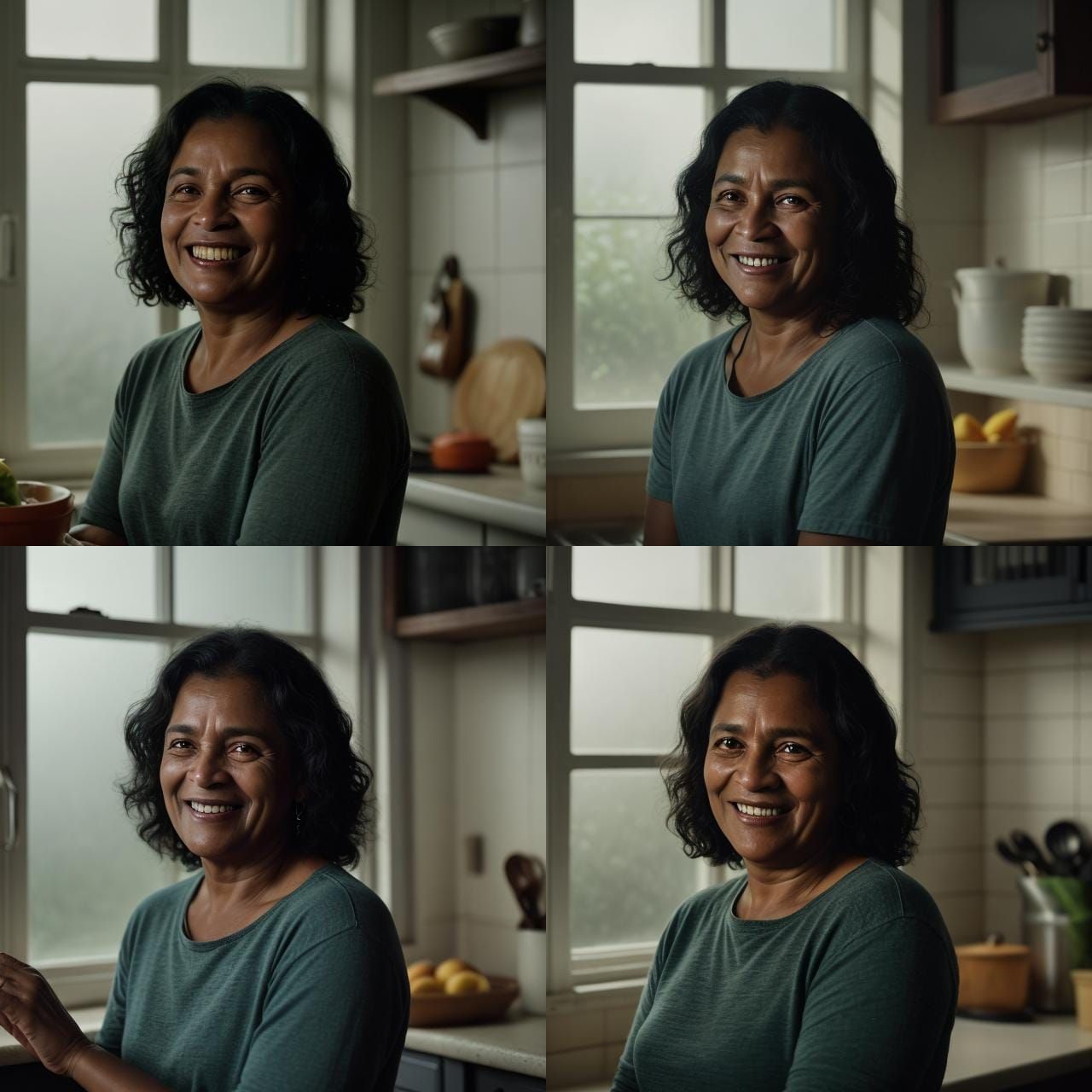 Brazilian Woman Smiling in Kitchen, Cinematic Film Still