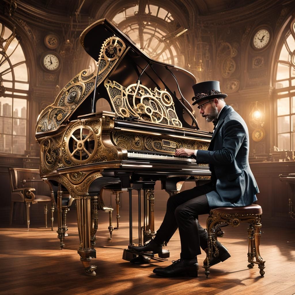 Steampunk Musician at Baby Grand Piano