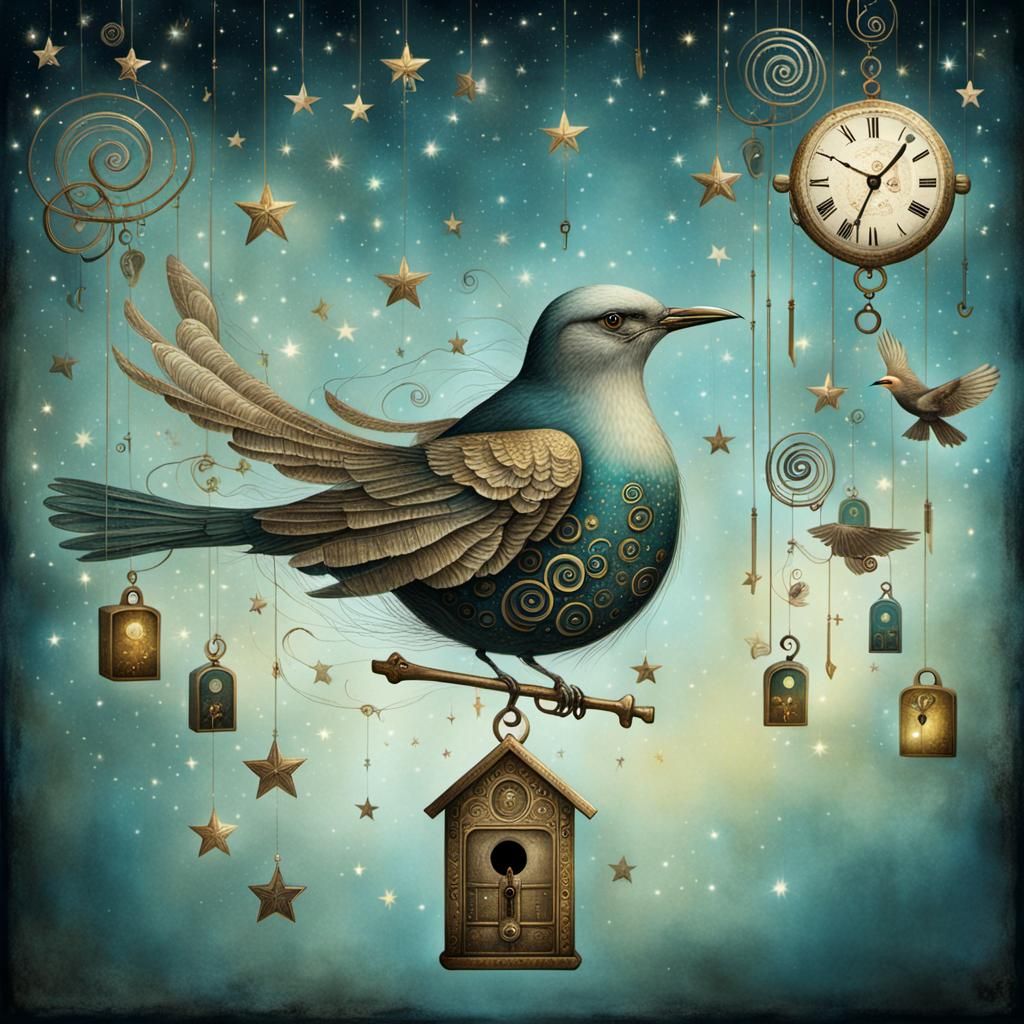 Surreal Mobile with Antique Keys Held by Bird