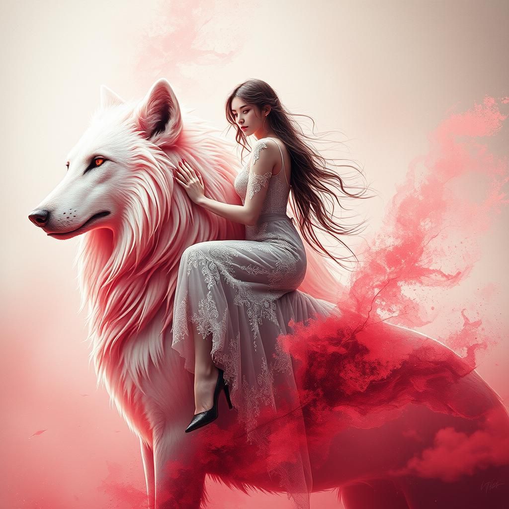Woman on Wolf in Ethereal Digital Watercolor