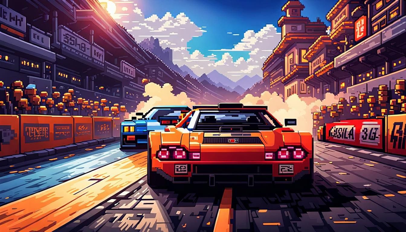 Pixel Car Racer in Stunning 8-Bit Night Scene