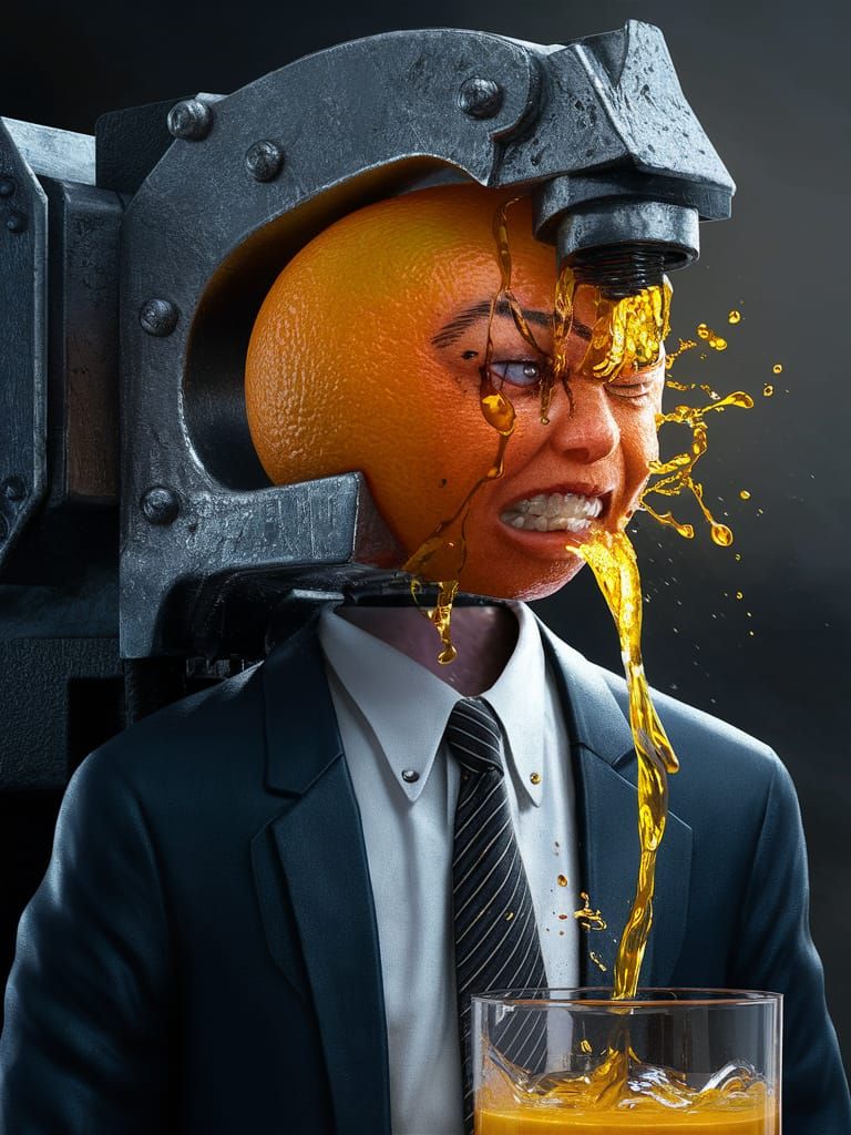 Surreal Orange Businessman Squeezed in Vise