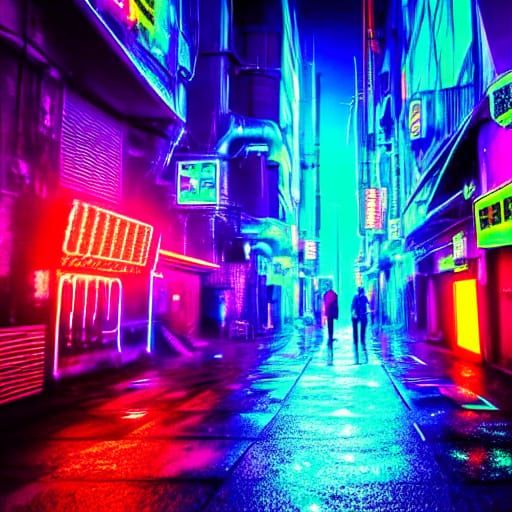 Neon Armor Figure in Cyberpunk Cityscape