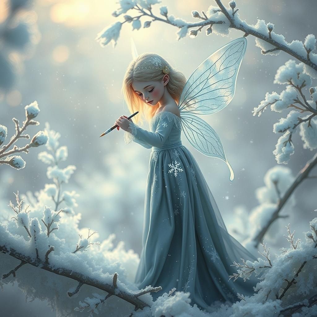 Winter Fairy Painting Frost in Ethereal Garden
