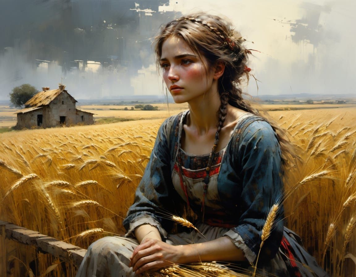 Peasant Woman in Wheat Field as Matte Painting
