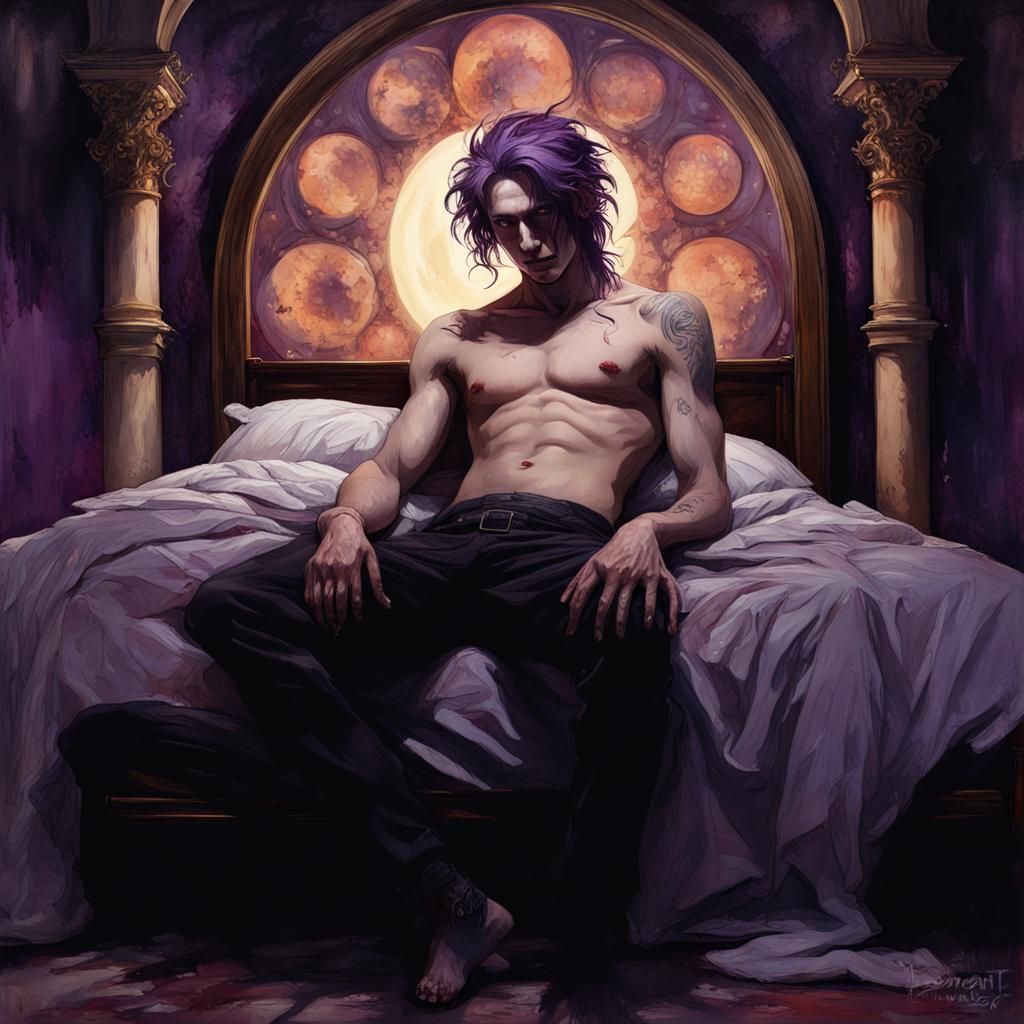 Gothic Incubus in Lavish Bed: Dark Fantasy Oil Painting