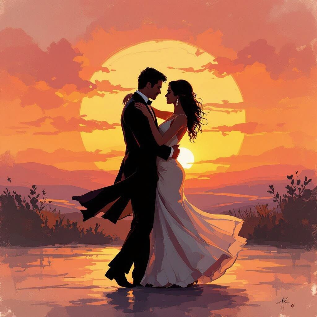 Silhouetted Couple Dancing in a Warm Sunset