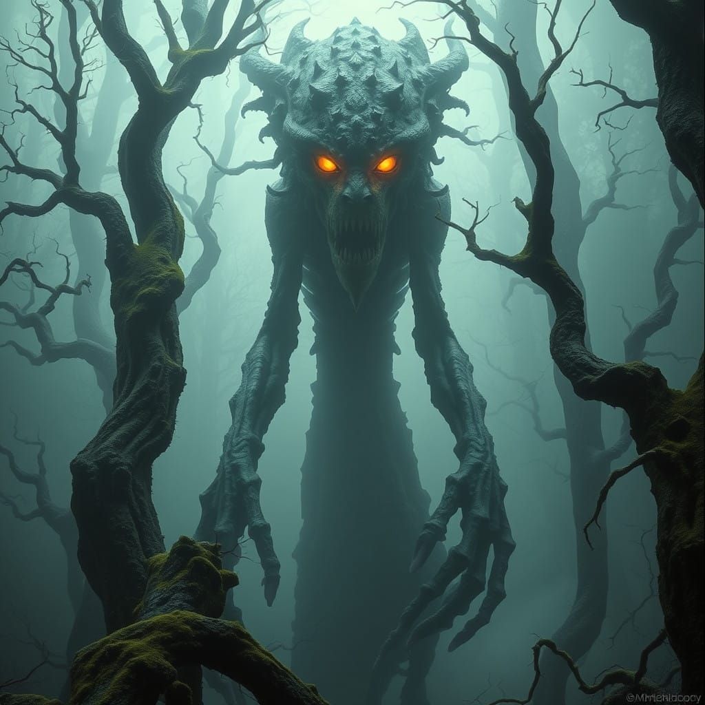 Gnarled Forest Creature in Dark Biomechanical Surrealism