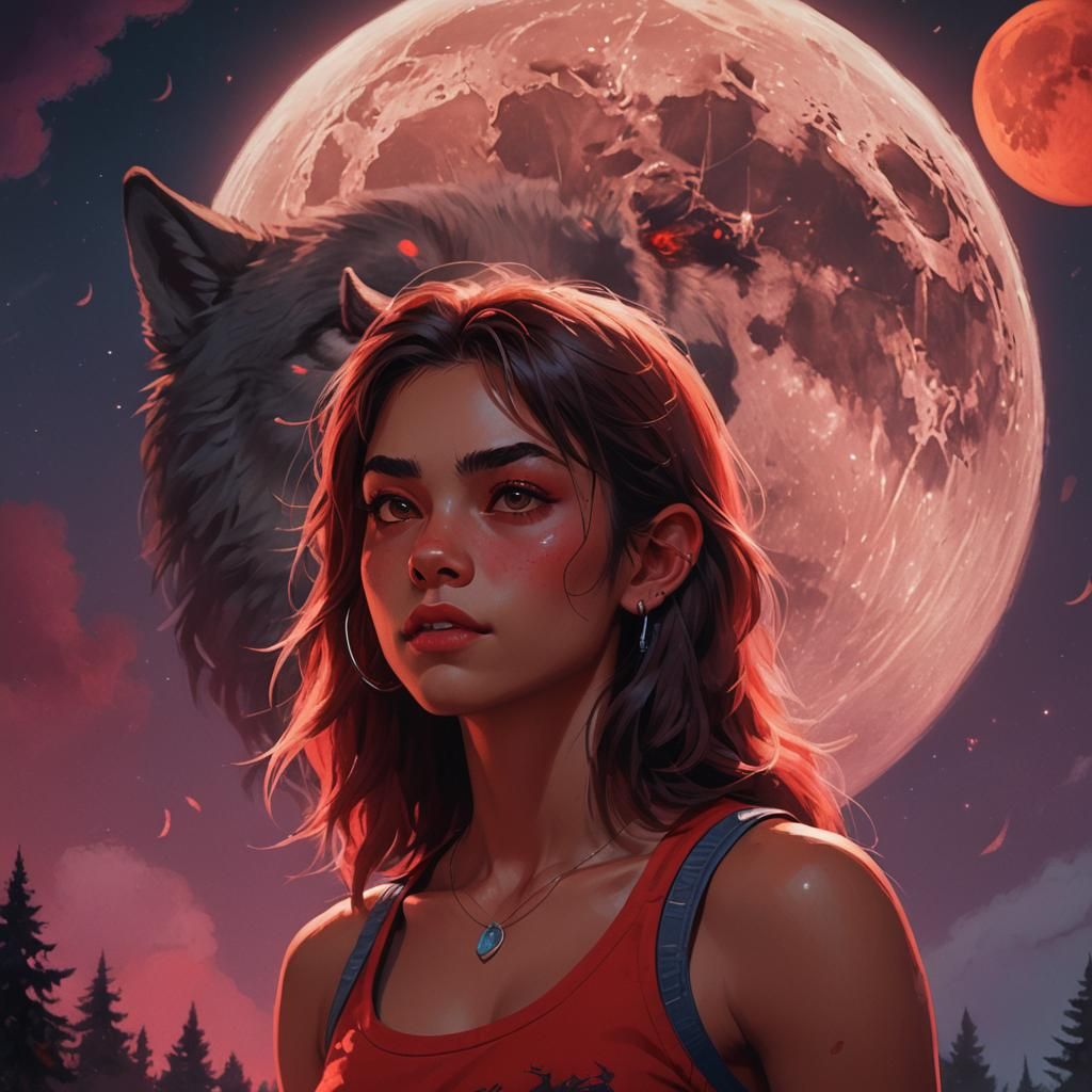 Teenage Werewolf Girl in Front of Moon