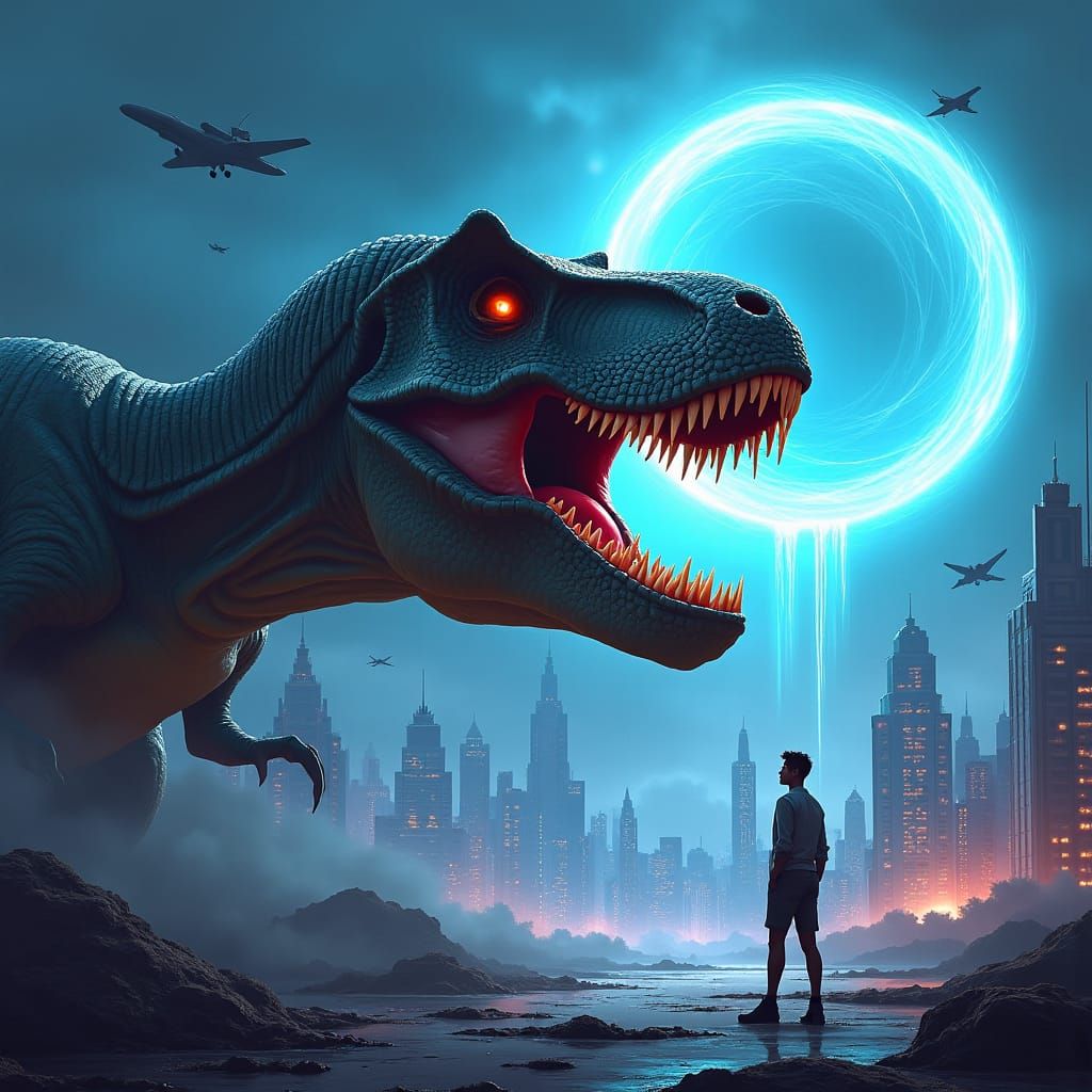 T-Rex Emerges From Time Portal in Cyberpunk Cityscape