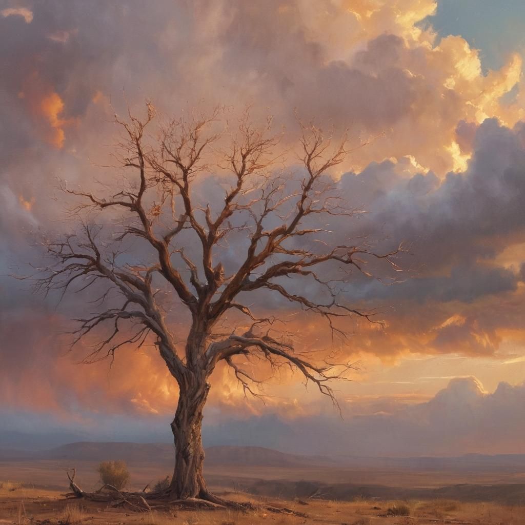 Lone Tree in Windy Landscape, Impasto Oil Painting