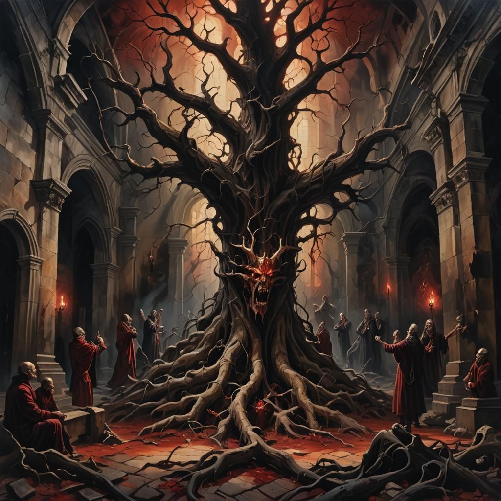 Demonic Worship in Abandoned Church, Dark Surrealism