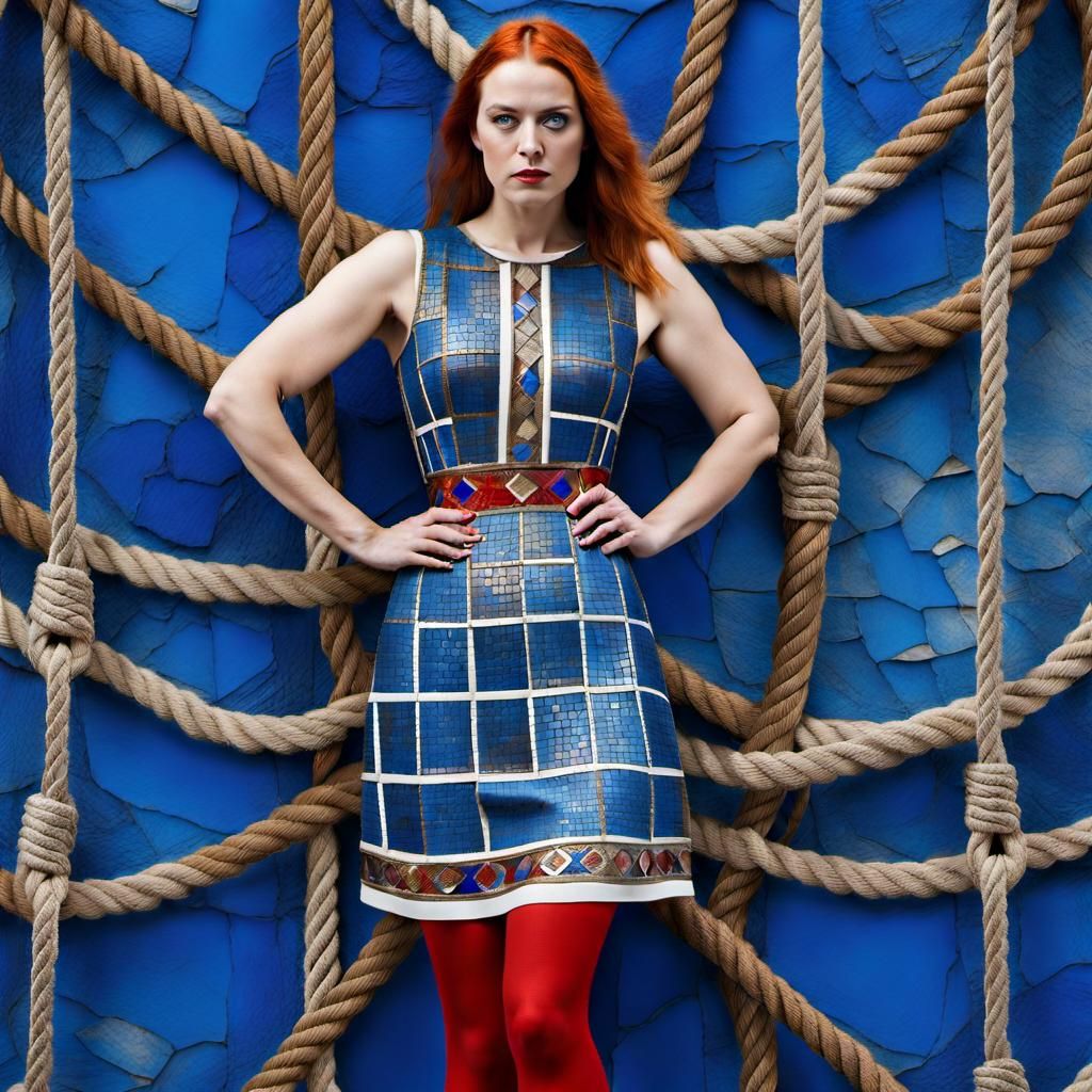 Icelandic Woman in Mosaic Dress with Ropes
