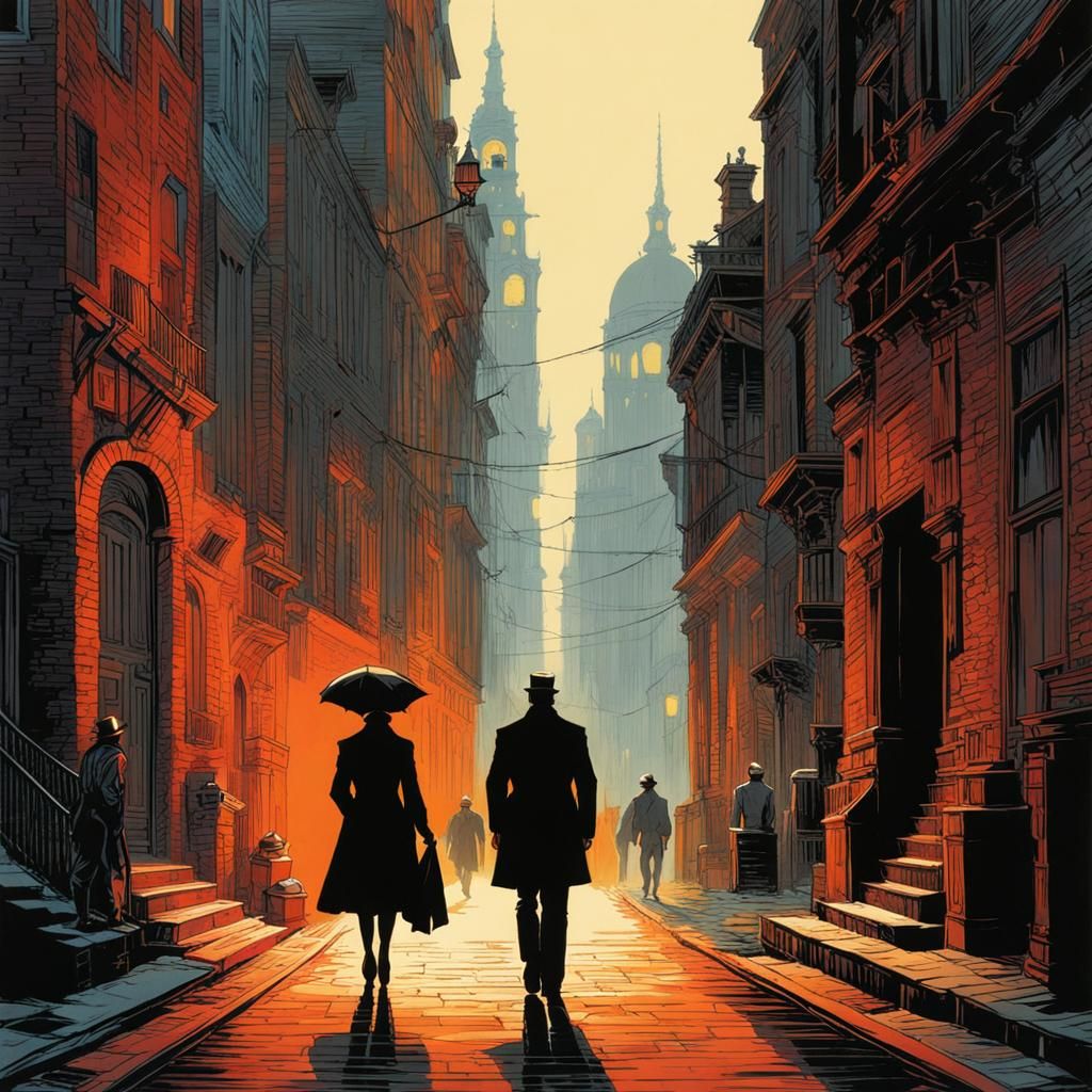 Couple Walking in Quiet City Alley: Digital Rendering