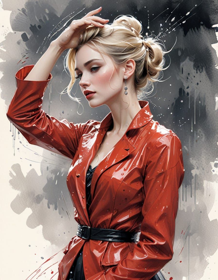 Woman in Scarlet Jacket, Vintage Ink and Watercolor Sketch