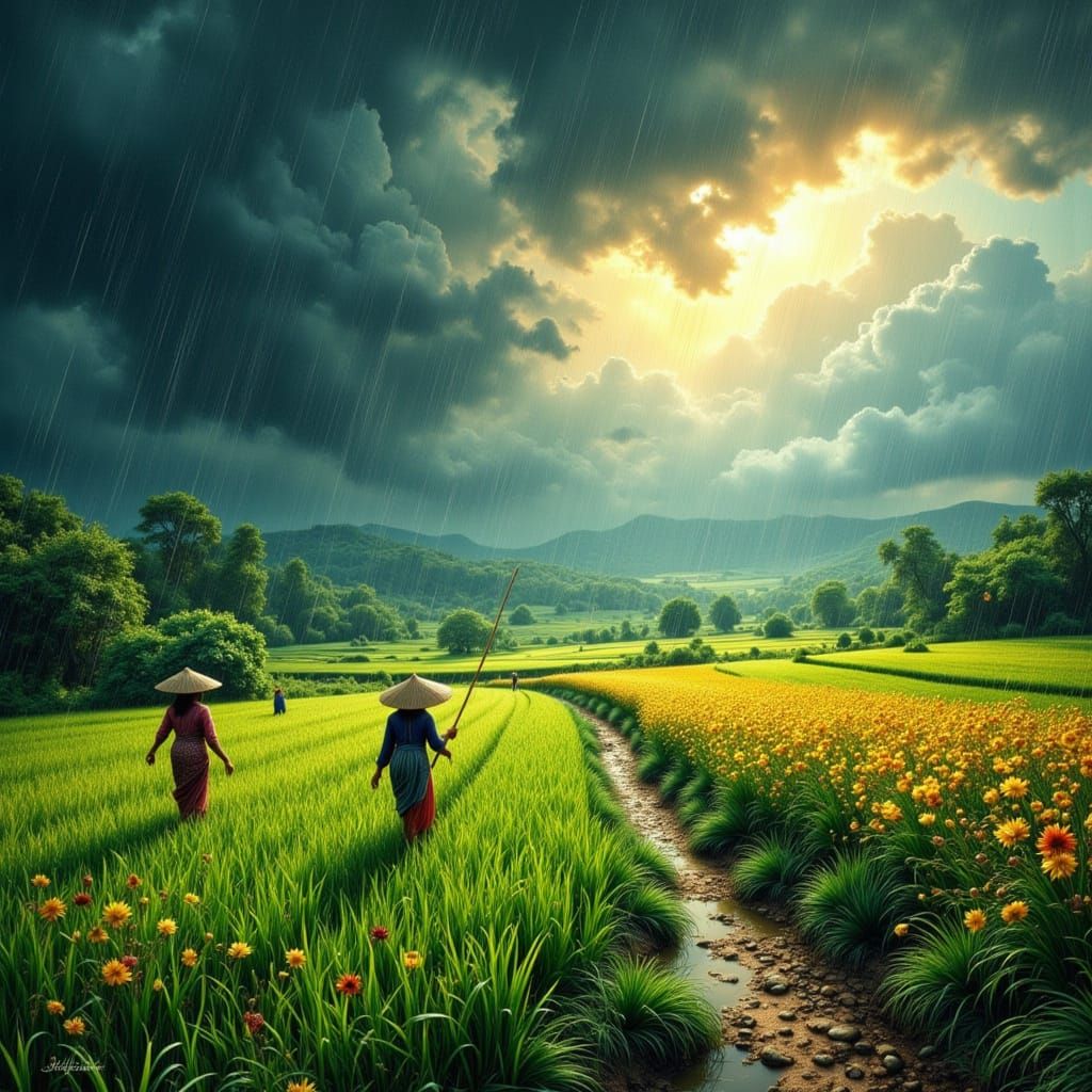 Monsoon Season Calendar: Lush Fields in Impressionistic Styl...