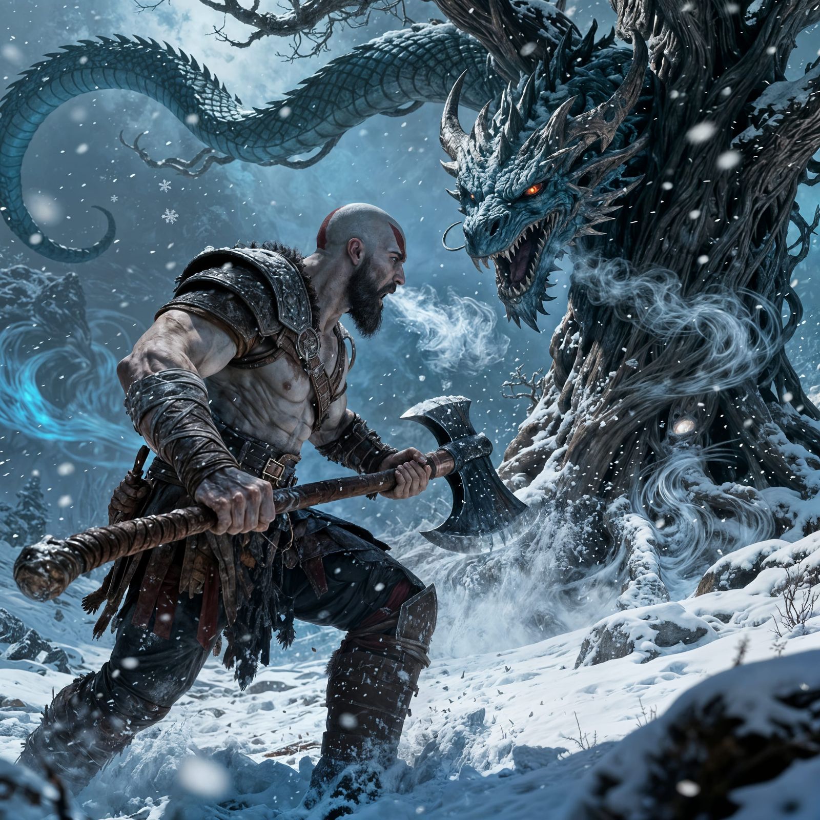 Kratos fighting Nidhogg