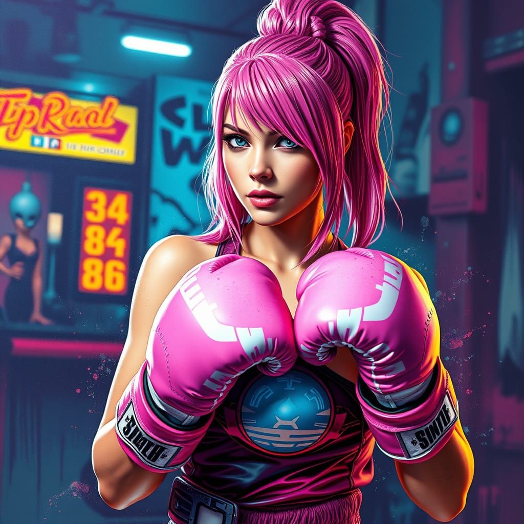 Futuristic Cyberpunk Female Boxer in Vibrant Pink Hair